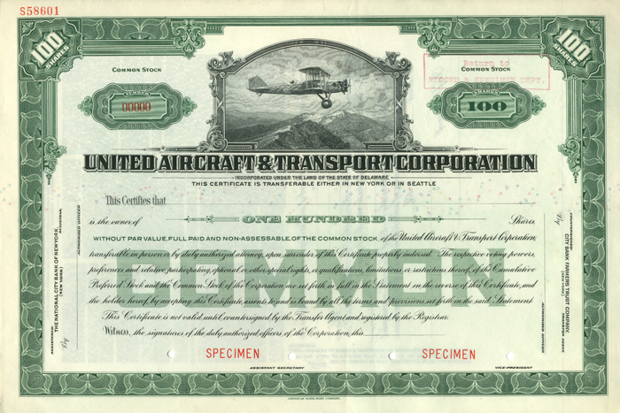 United Aircraft and Transport Corporation - Specimen Stock Certificate